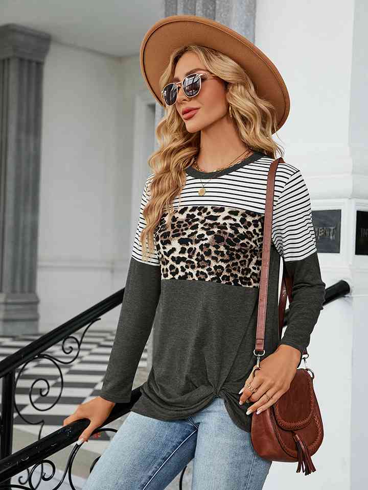 Leopardcheetahprint - Color Block Round Neck Long Sleeve Blouse (7501317439576)