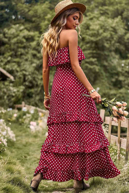 Polka Dot Strapless Slit Ruffled Maxi Dress (7515558805592)