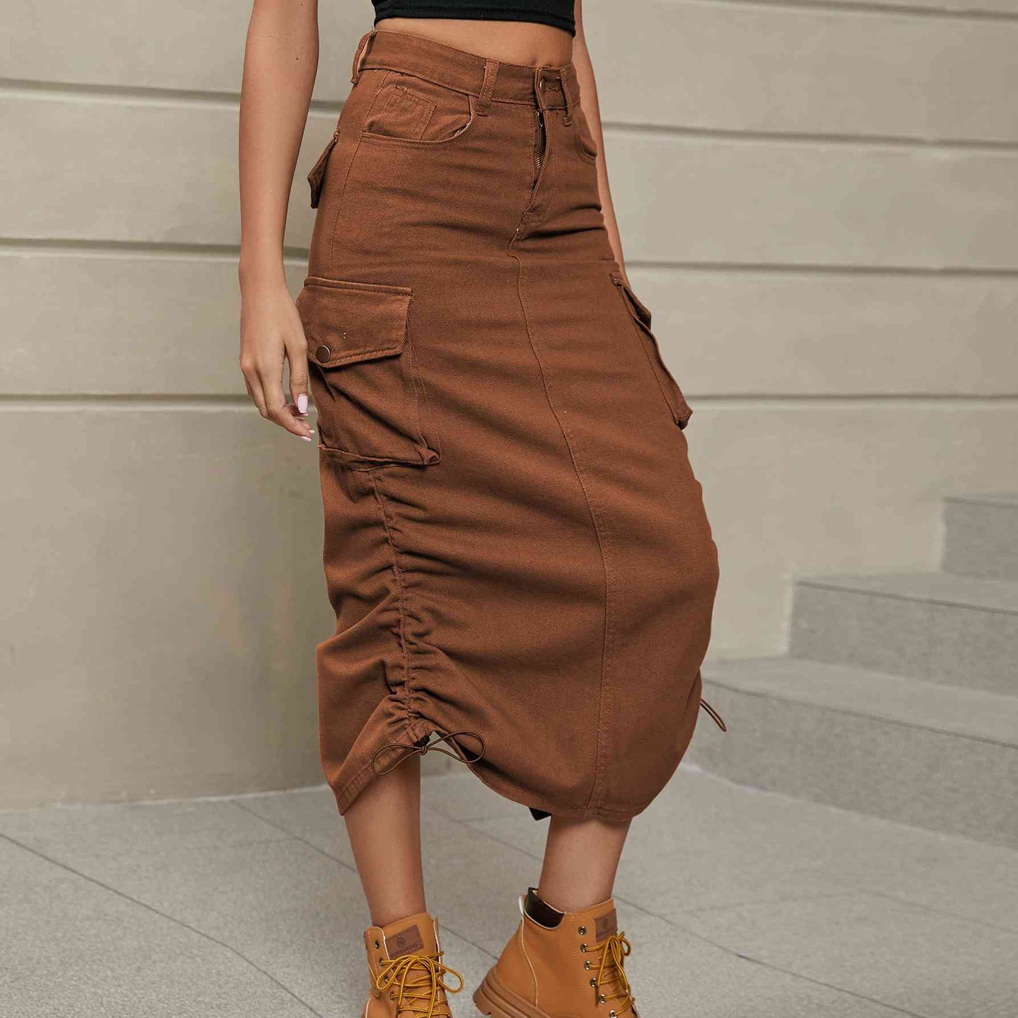 Ruch - Drawstring Ruched Slit Denim Midi Skirt (7500878020696)