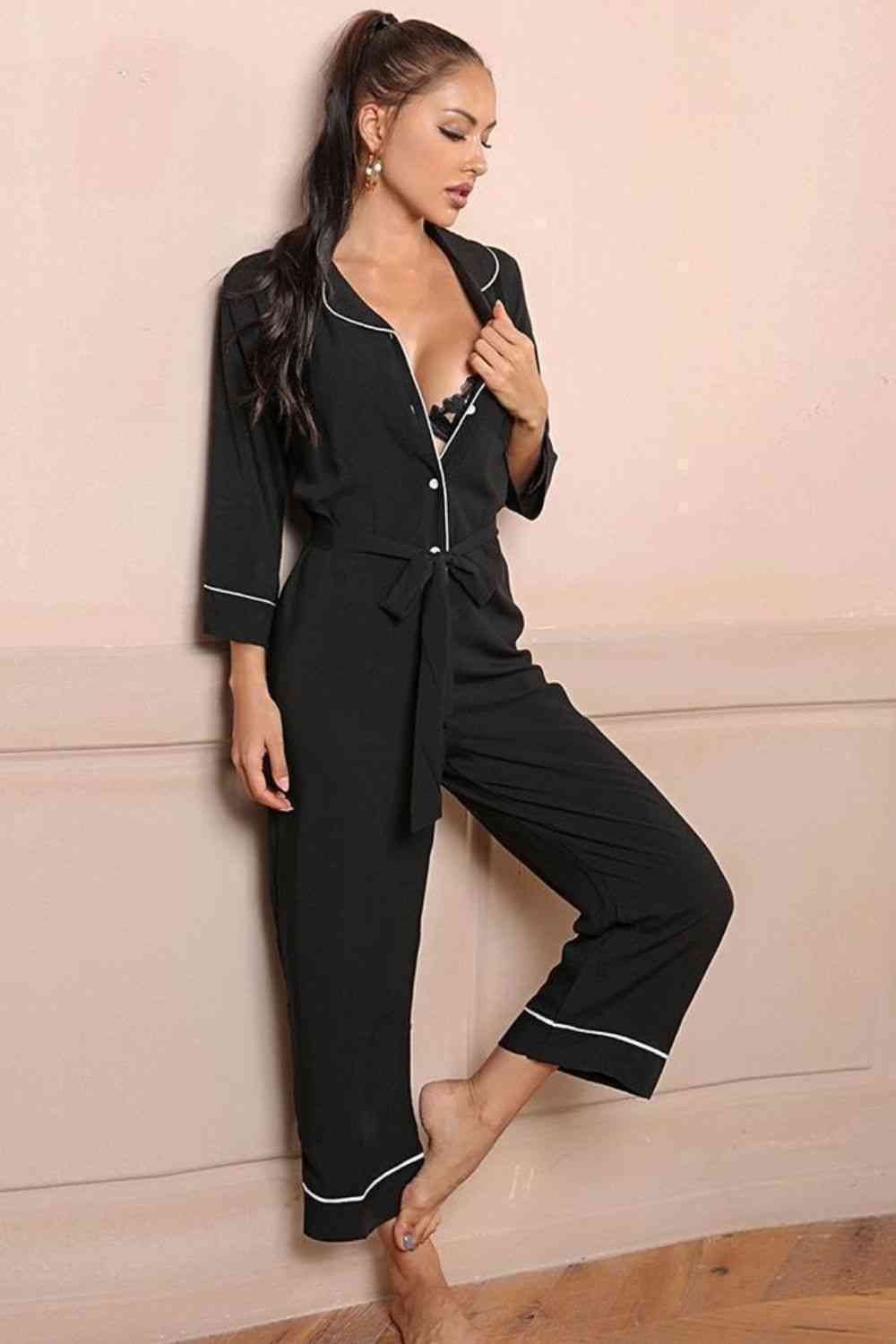Pajama Time - Contrast Belted Lapel Collar Jumpsuit (7484716548184)