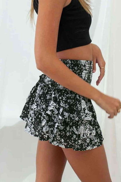 Printed Frill Trim Smocked Mini Skirt (7500878348376)
