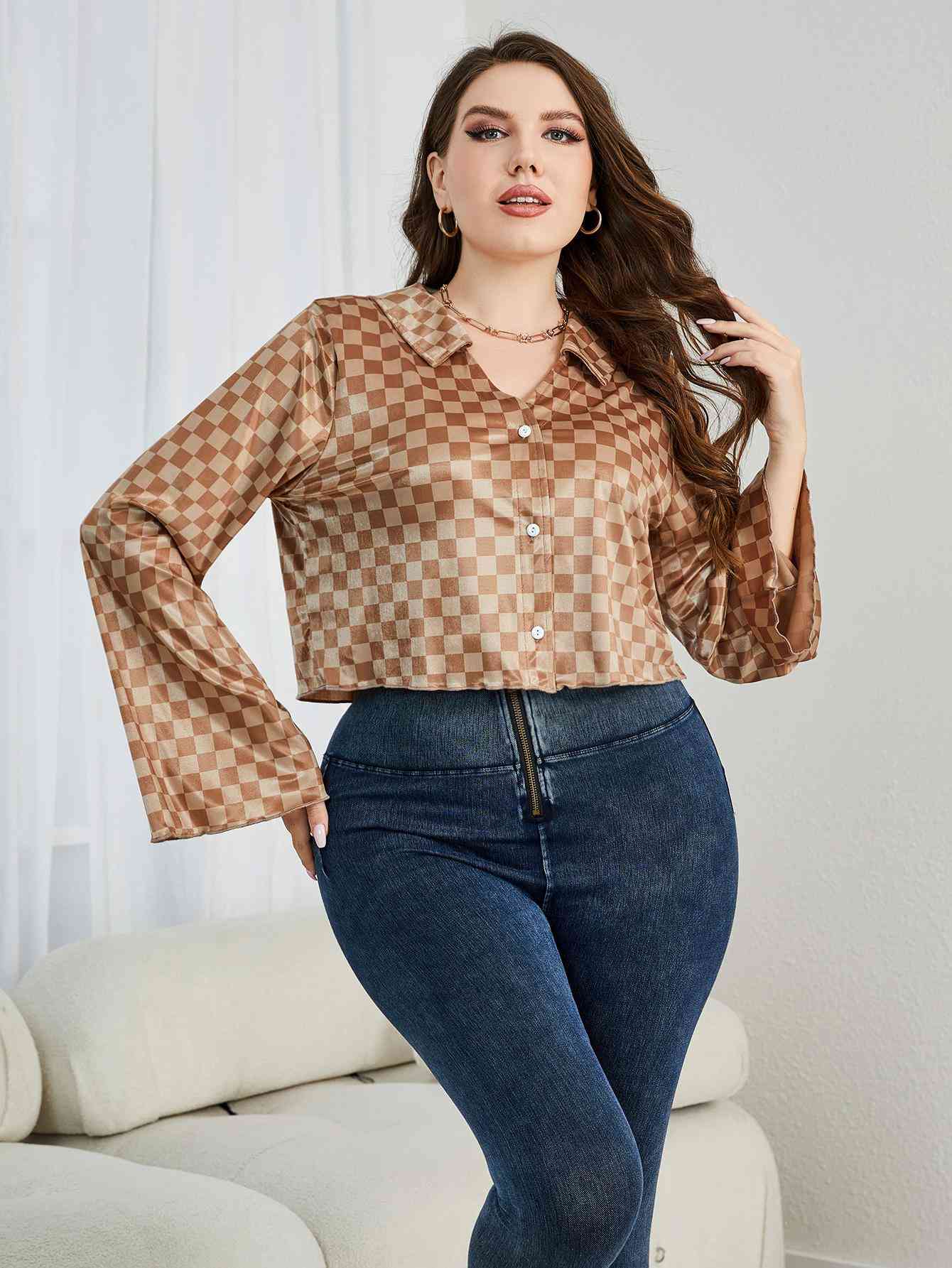 Plus-Size Checkered Johnny Collar Flare Sleeve Shirt (7484804923480)