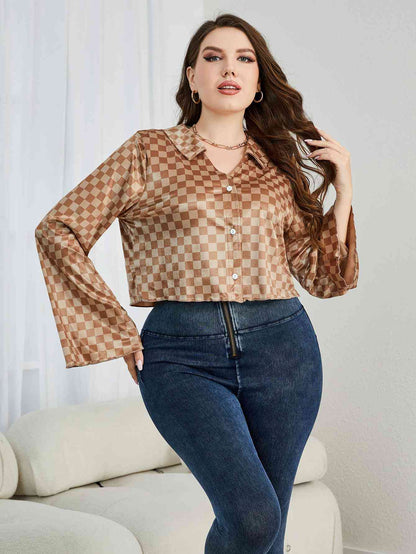 Plus-Size Checkered Johnny Collar Flare Sleeve Shirt (7484804923480)