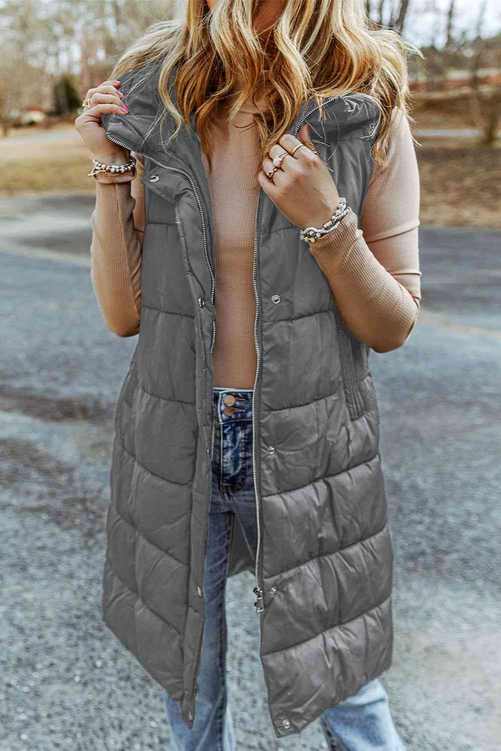 Longline Hooded Sleeveless Puffer Vest (7484291383384)