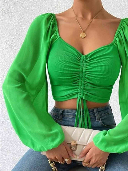 Ruched Blouse - Drawstring Sweetheart Neck Cropped Top (7501318914136)