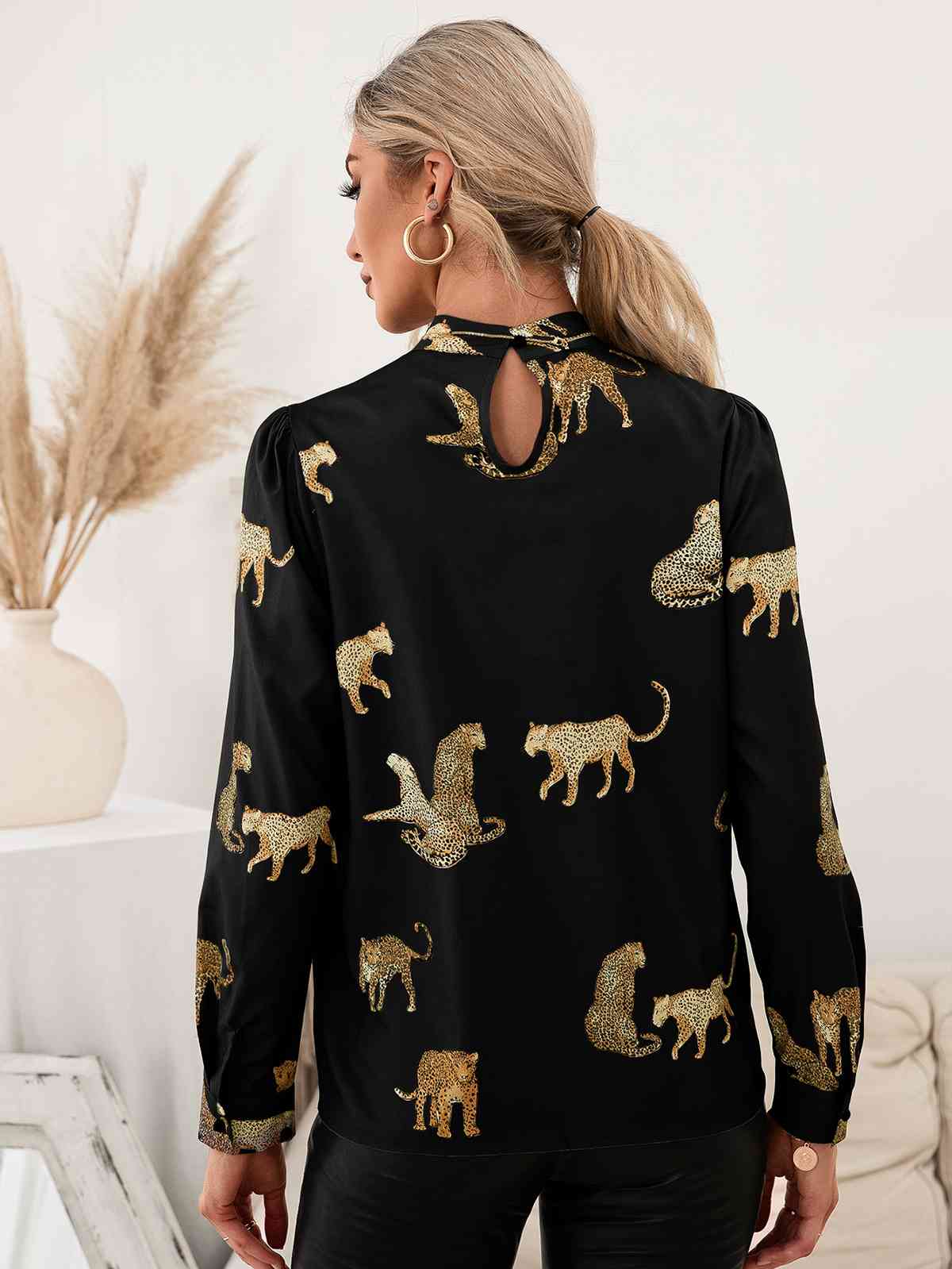 Leopard Graphics - Mock Neck Puff Sleeve Blouse (7501318488152)