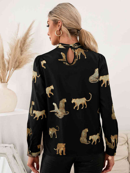 Leopard Graphics - Mock Neck Puff Sleeve Blouse (7501318488152)