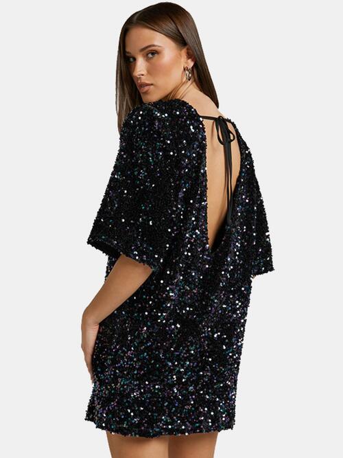 Sequin Tie-Back Half-Sleeve Mini Dress (7505547427928)