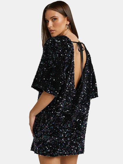 Sequin Tie-Back Half-Sleeve Mini Dress (7505547427928)