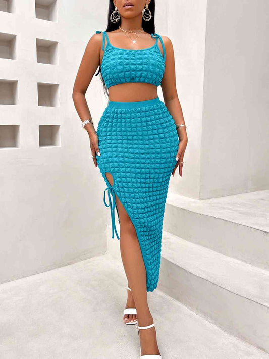 Waffle-Ruffles - Cropped Cami and Tied Slit Skirt Set (7501431832664)