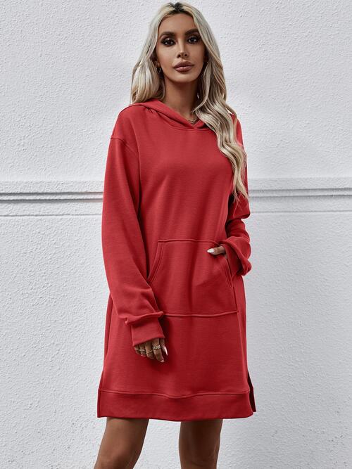 Long Long Sleeves - Slit Hooded Dress With Pocket (7505547559000)