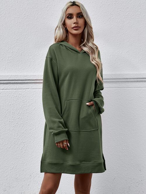 Long Long Sleeves - Slit Hooded Dress With Pocket (7505547559000)