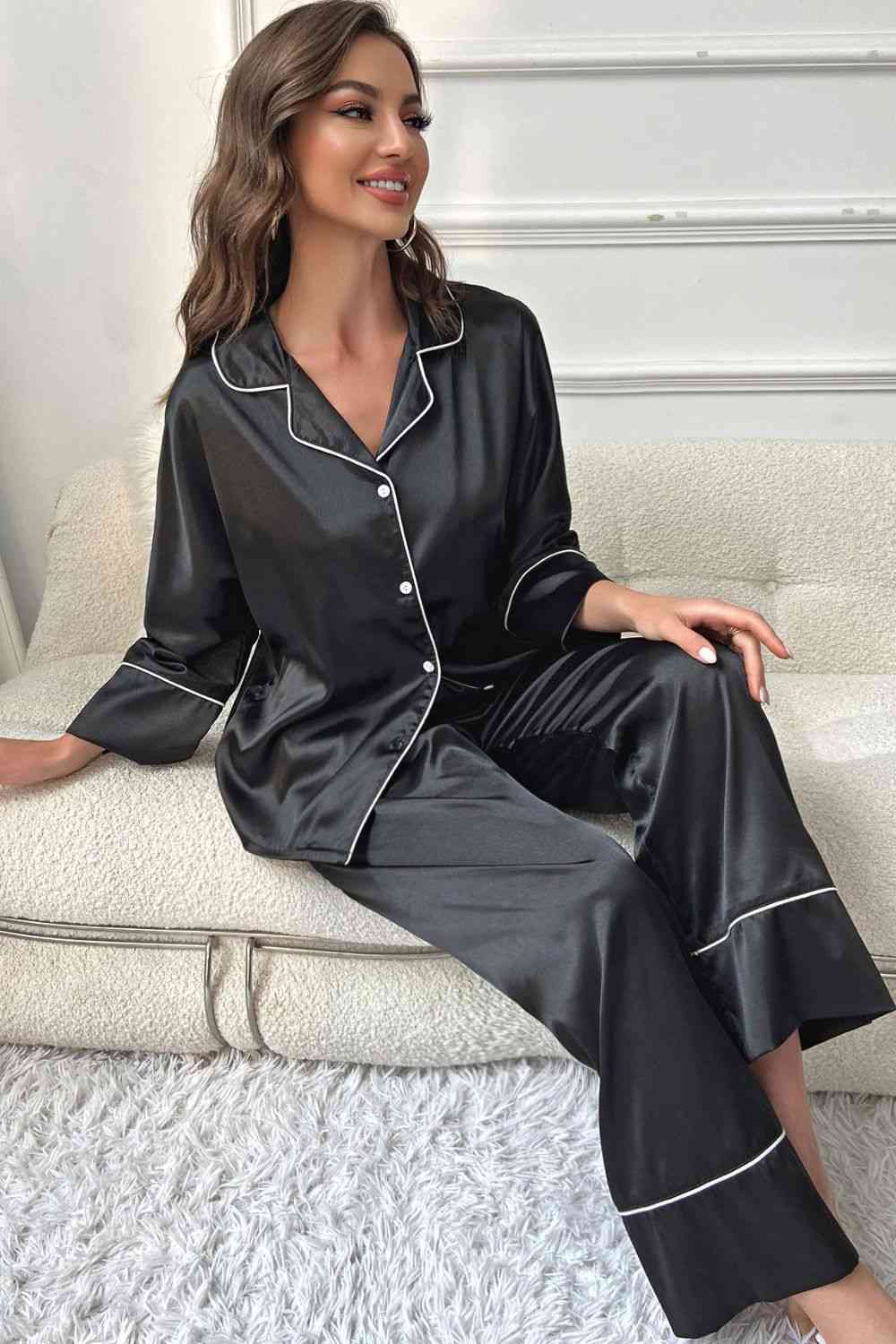 Pajama Pajama - Contrast Button-Up Top and Pants Pajama Set (7501489471576)