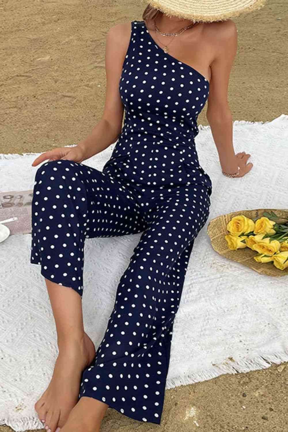 Polka Dot One-Shoulder Romper Jumpsuit (7484719693912)