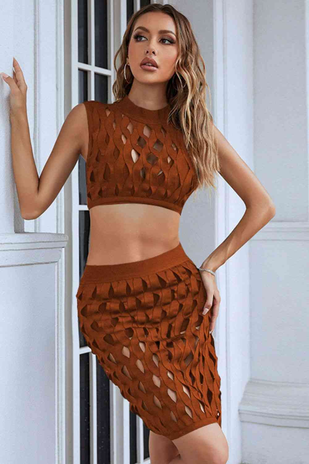 Openwork Cropped Top & Skirt Set (7501468958808)