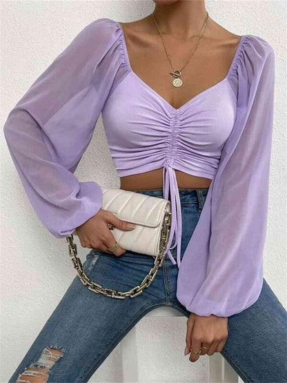 Ruched Blouse - Drawstring Sweetheart Neck Cropped Top (7501318914136)