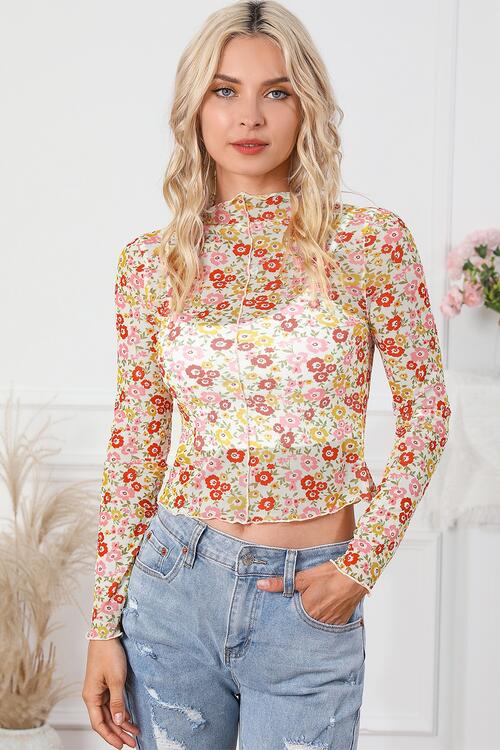 Sheer Floral - Floral Mock Neck Long Sleeve Blouse (7501315932248)