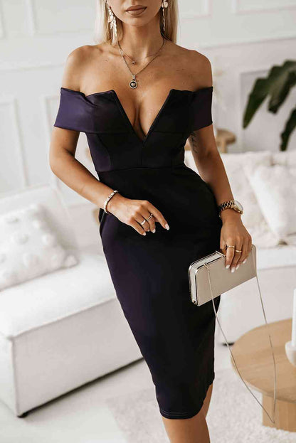 Off-Shoulder Slit Zip-Back Dress (7516377612376)