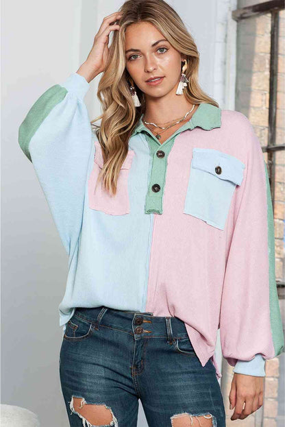 Multi-Color Exposed Seam Color Block Ribbed Henley Top (7501316325464)