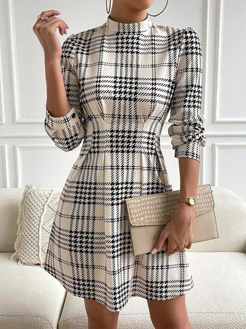 Houndstooth Mock Neck - Cinched Mini Dress (7505547395160)