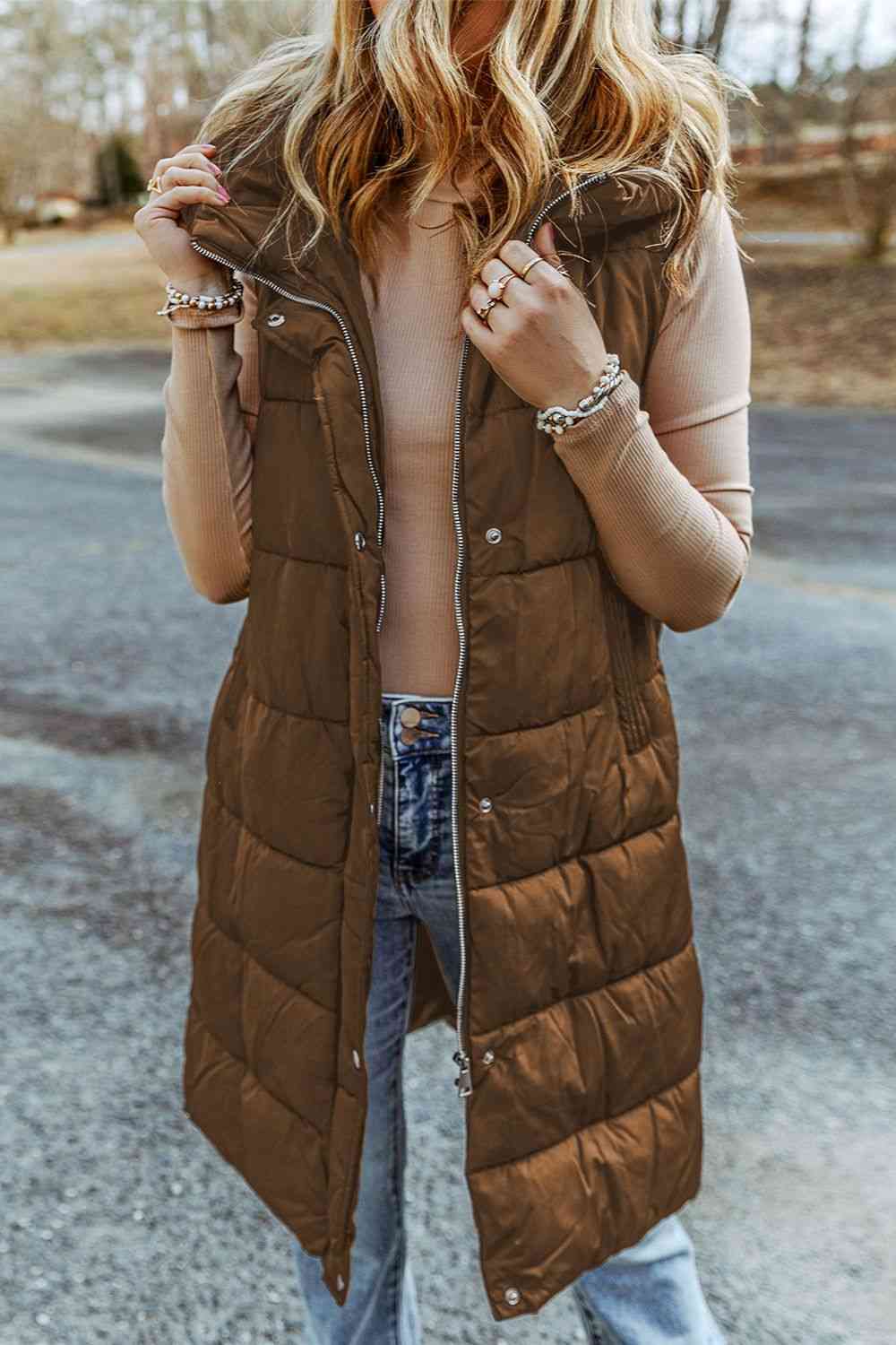 Longline Hooded Sleeveless Puffer Vest (7484291383384)