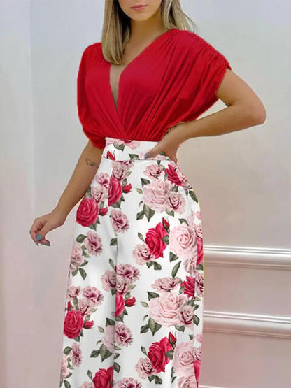 Printed Surplice Top & Wide Leg Pants Set (7484243705944)