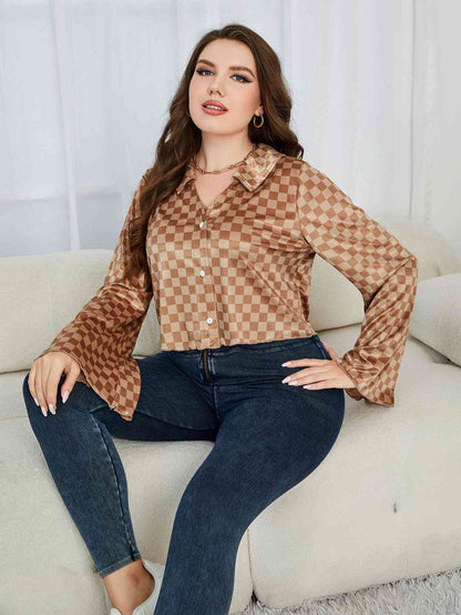Plus-Size Checkered Johnny Collar Flare Sleeve Shirt (7484804923480)