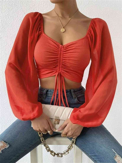 Ruched Blouse - Drawstring Sweetheart Neck Cropped Top (7501318914136)
