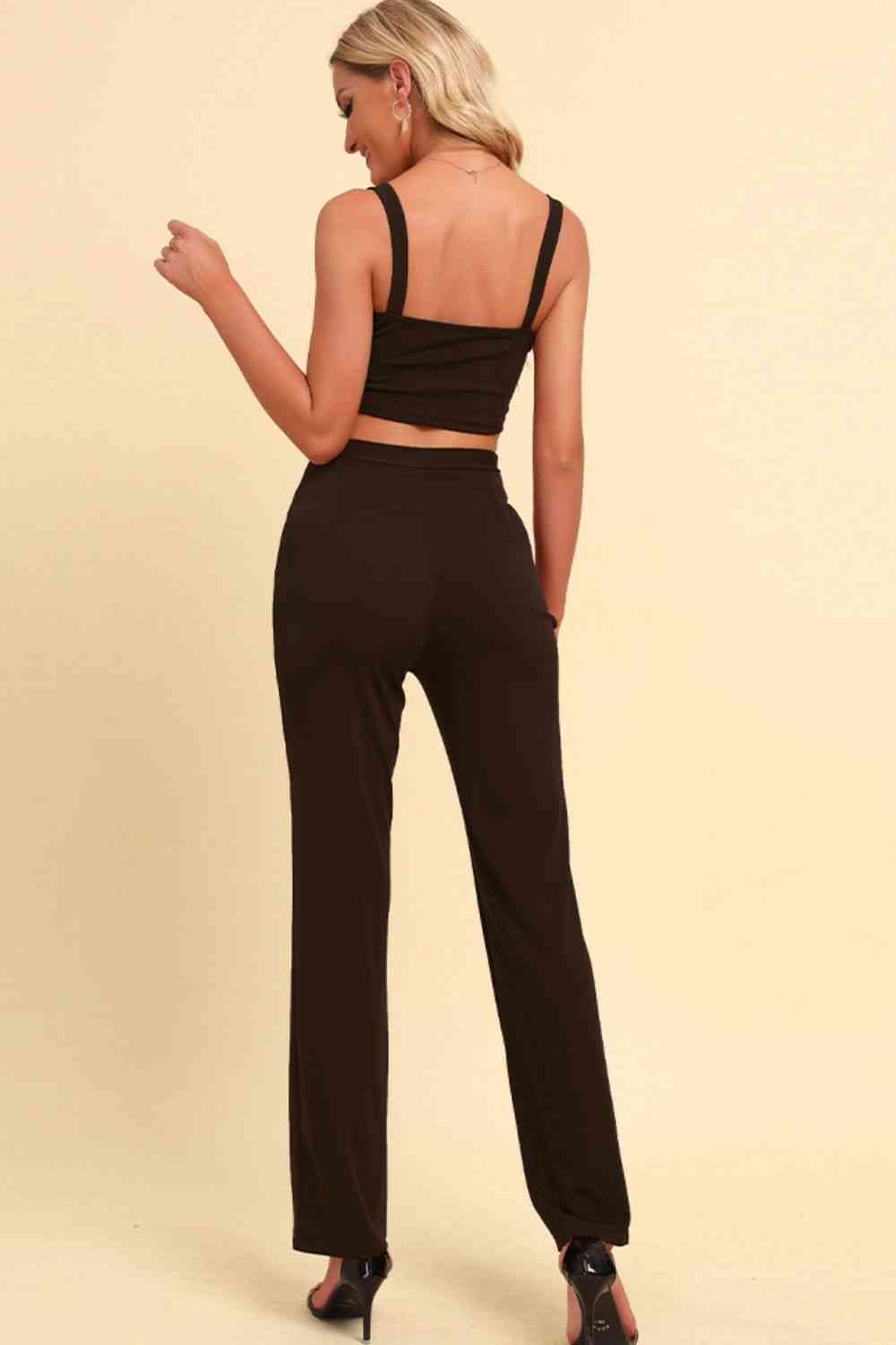 Chain Detail - Cropped Cami and Straight Leg Pants Set (7501465550936)