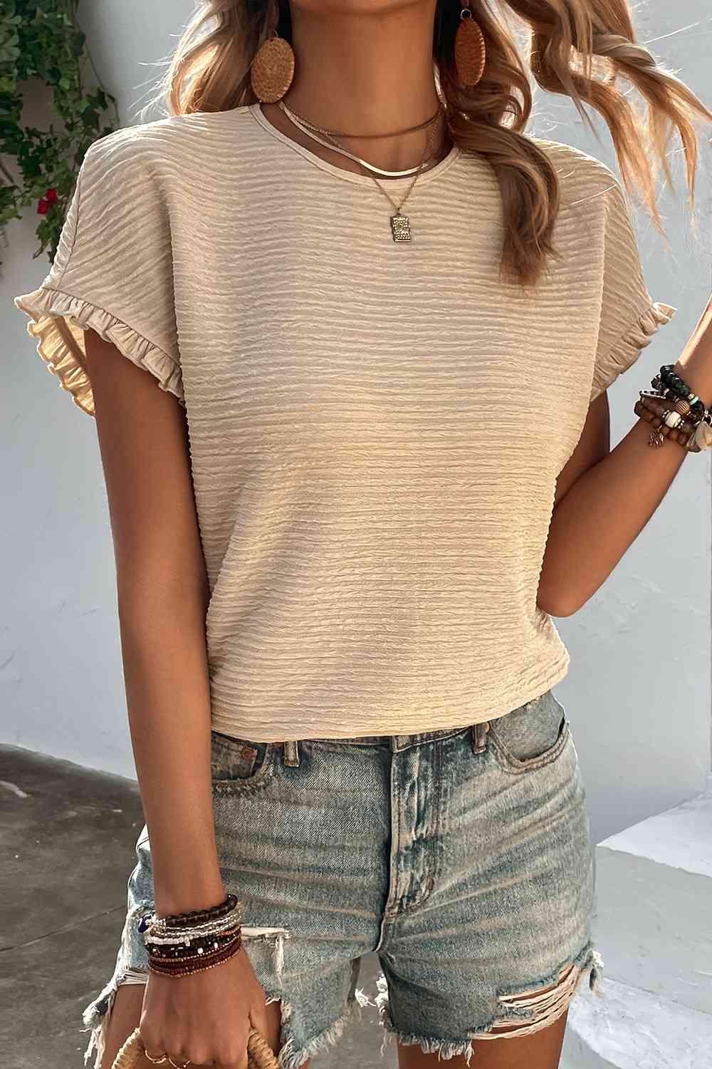 Textured Round Neck - Short-Sleeves Top (7501317767256)