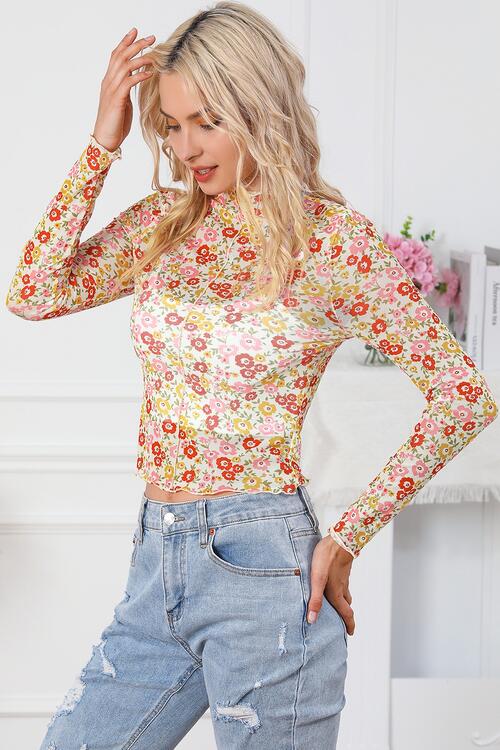 Sheer Floral - Floral Mock Neck Long Sleeve Blouse (7501315932248)