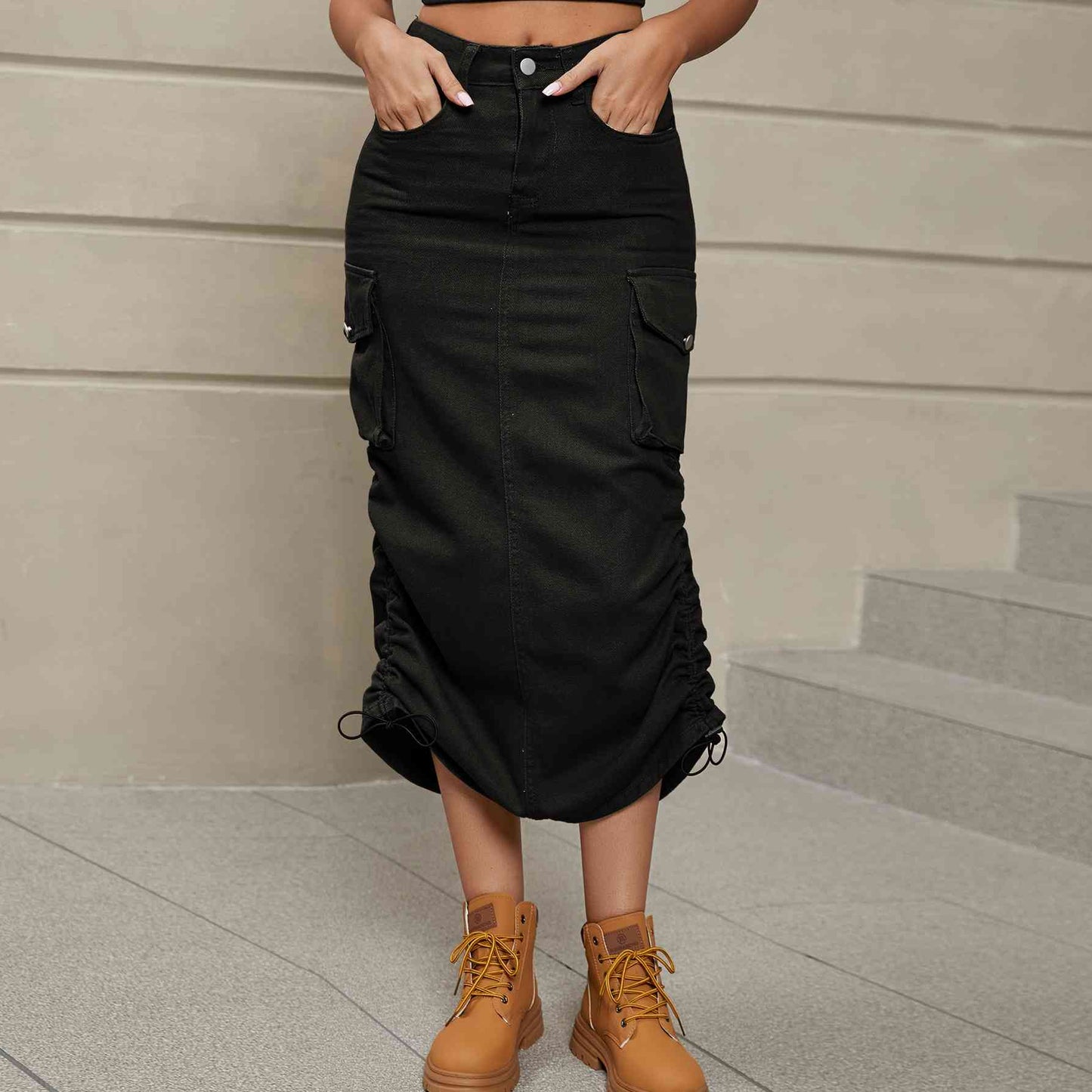 Ruch - Drawstring Ruched Slit Denim Midi Skirt (7500878020696)