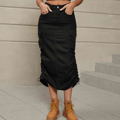 Ruch - Drawstring Ruched Slit Denim Midi Skirt (7500878020696)
