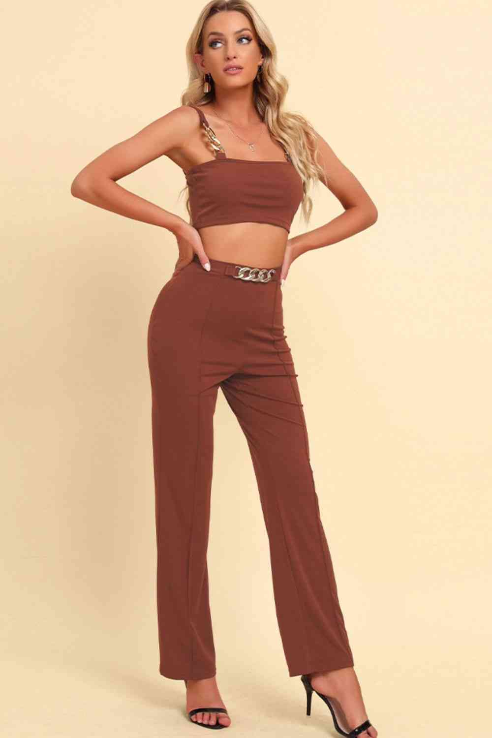 Chain Detail - Cropped Cami and Straight Leg Pants Set (7501465550936)
