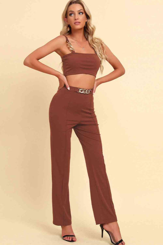 Chain Detail - Cropped Cami and Straight Leg Pants Set (7501465550936)