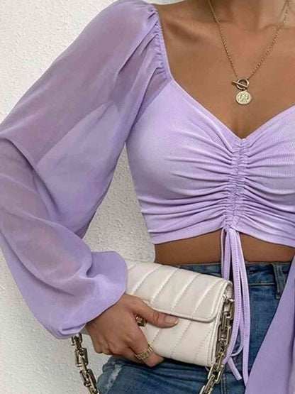 Ruched Blouse - Drawstring Sweetheart Neck Cropped Top (7501318914136)