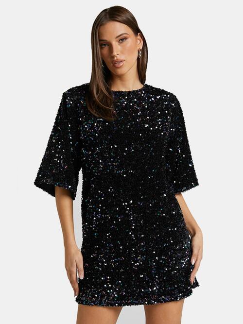 Sequin Tie-Back Half-Sleeve Mini Dress (7505547427928)