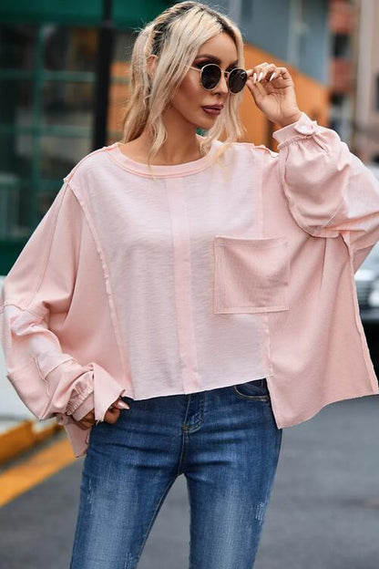 Kind-a Blouse - Exposed Seam Round Neck Top With Pocket (7501317308504)