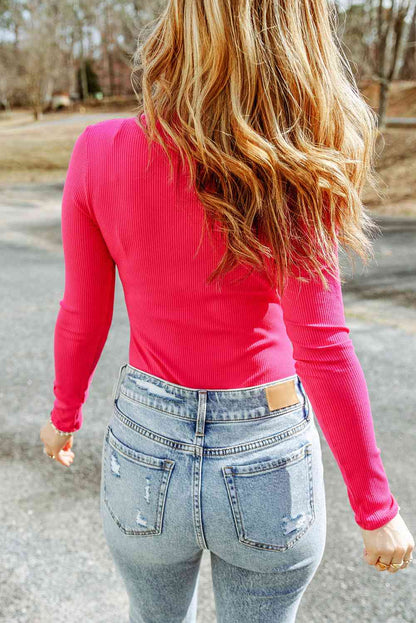 Black/Tan/Pink Casual Top - High-Neck Long Sleeve Ribbed Top (7501314392152)