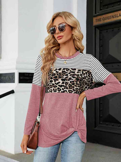 Leopardcheetahprint - Color Block Round Neck Long Sleeve Blouse (7501317439576)