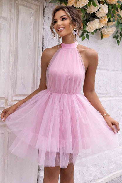 Mini-Bow - Halter Neck Backless Mesh Dress (7515676672088)
