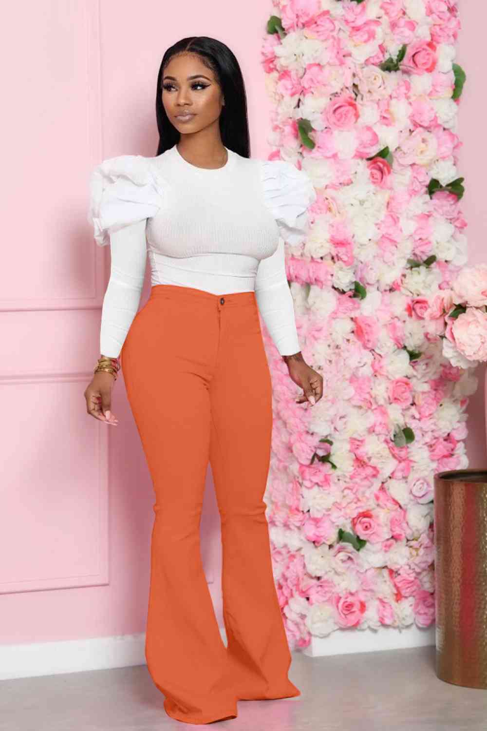 Leg-Of-Mutton - Sleeve Top and Flare Pants Set (7484247179352)