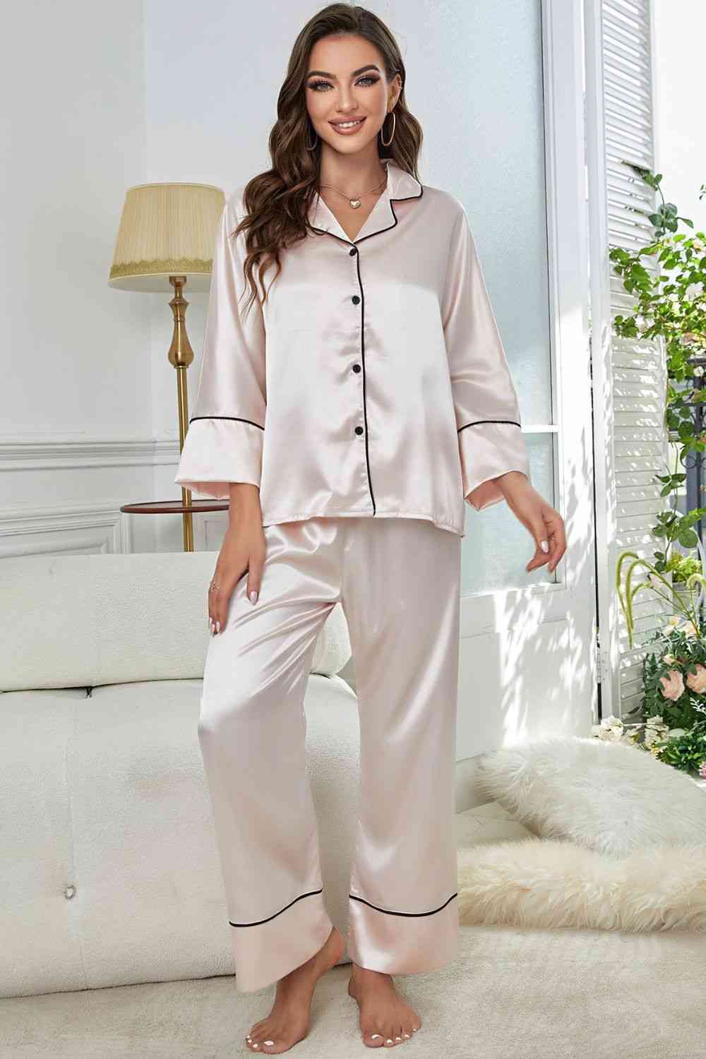 Pajama Pajama - Contrast Button-Up Top and Pants Pajama Set (7501489471576)
