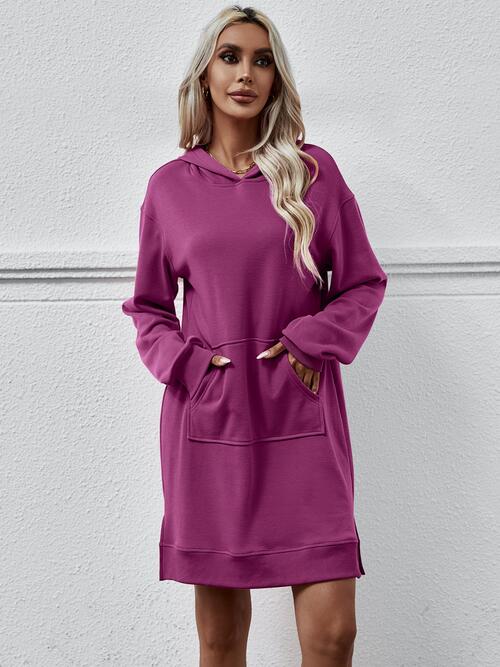 Long Long Sleeves - Slit Hooded Dress With Pocket (7505547559000)