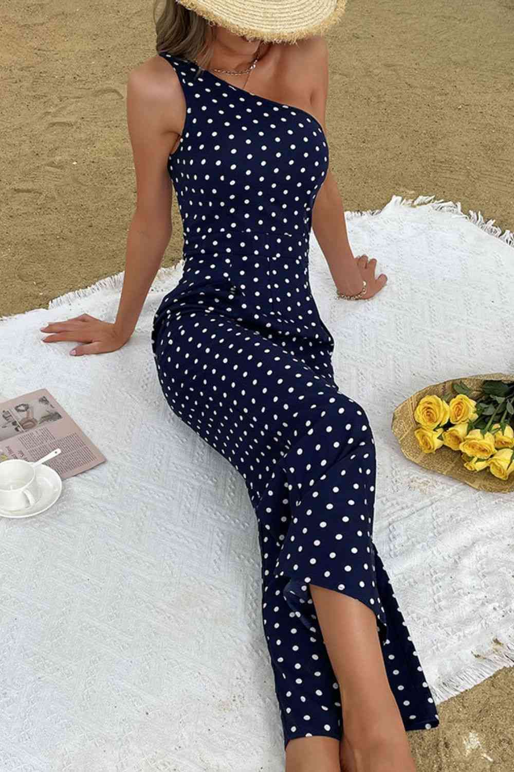 Polka Dot One-Shoulder Romper Jumpsuit (7484719693912)