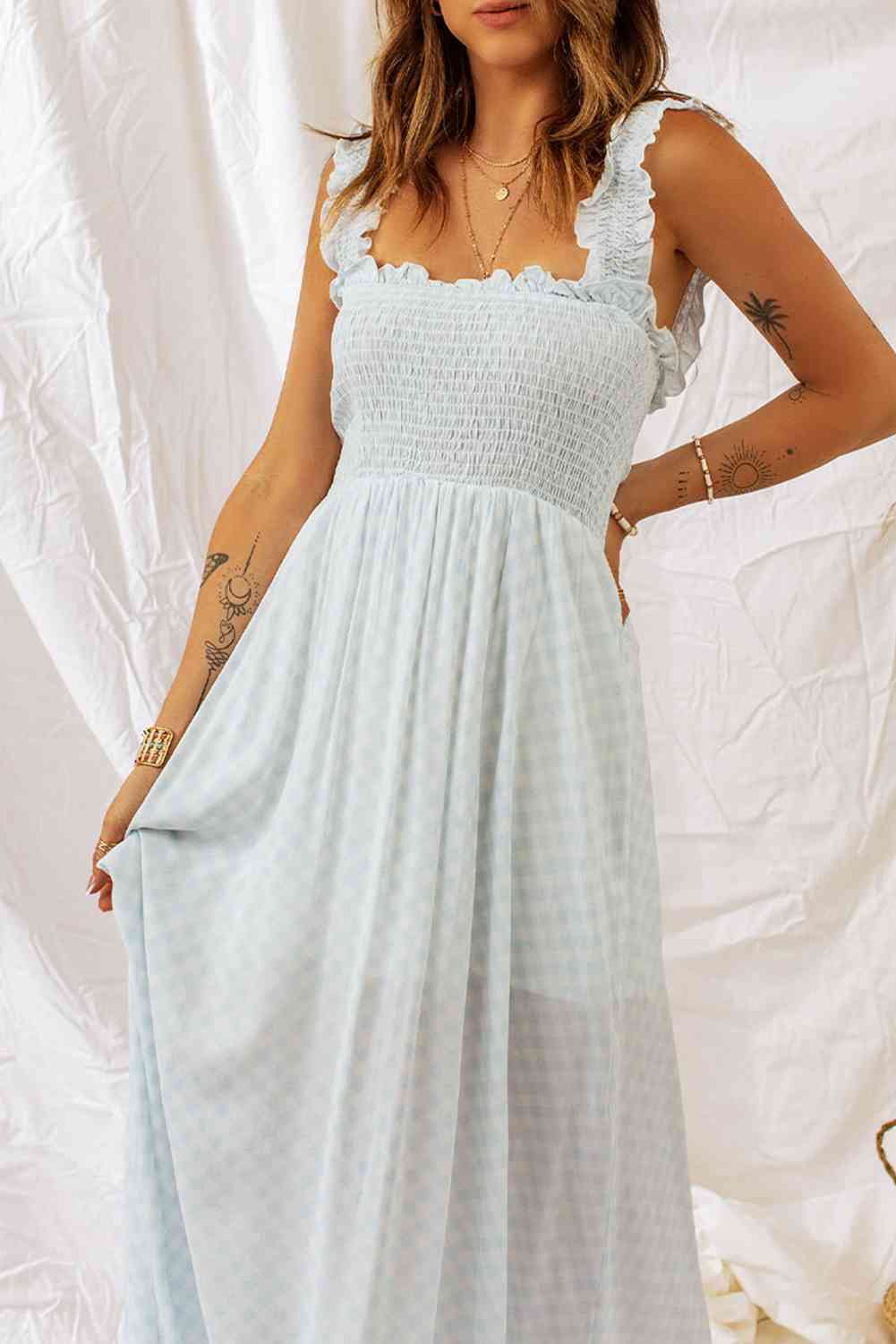 Plaid Ruffle Strap Smocked Maxi Dress (7515565555800)