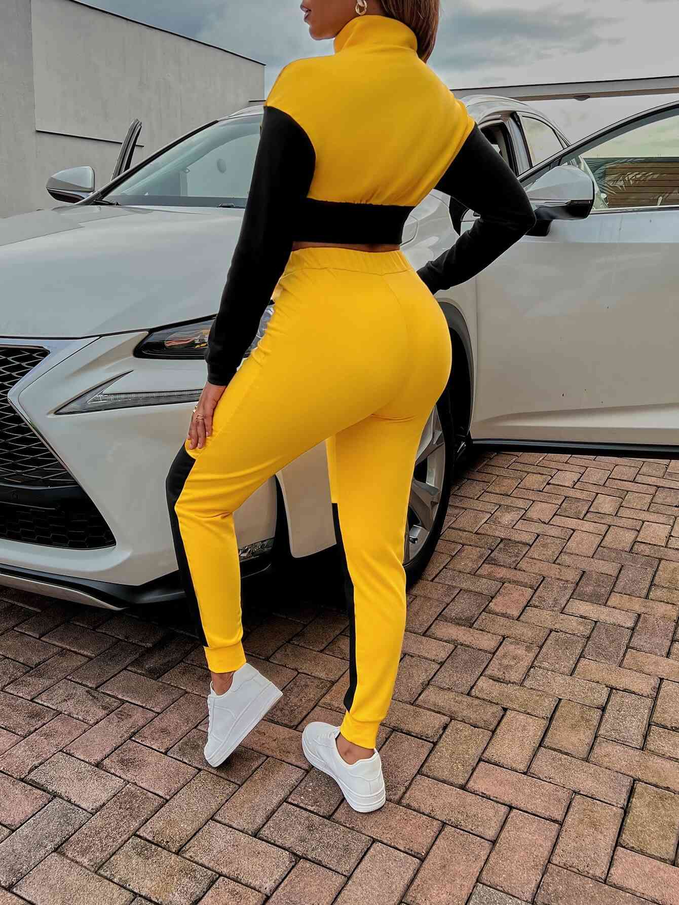 Two-Tone Collared - Neck Top and Joggers Set (7501489930328)