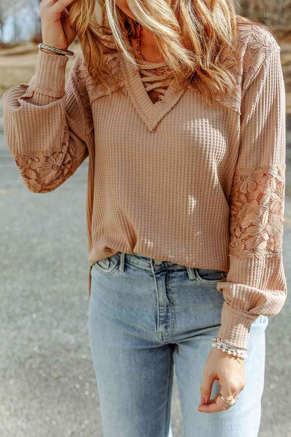 Waffle - Criss-Cross Waffle-Knit Top (7501316784216)