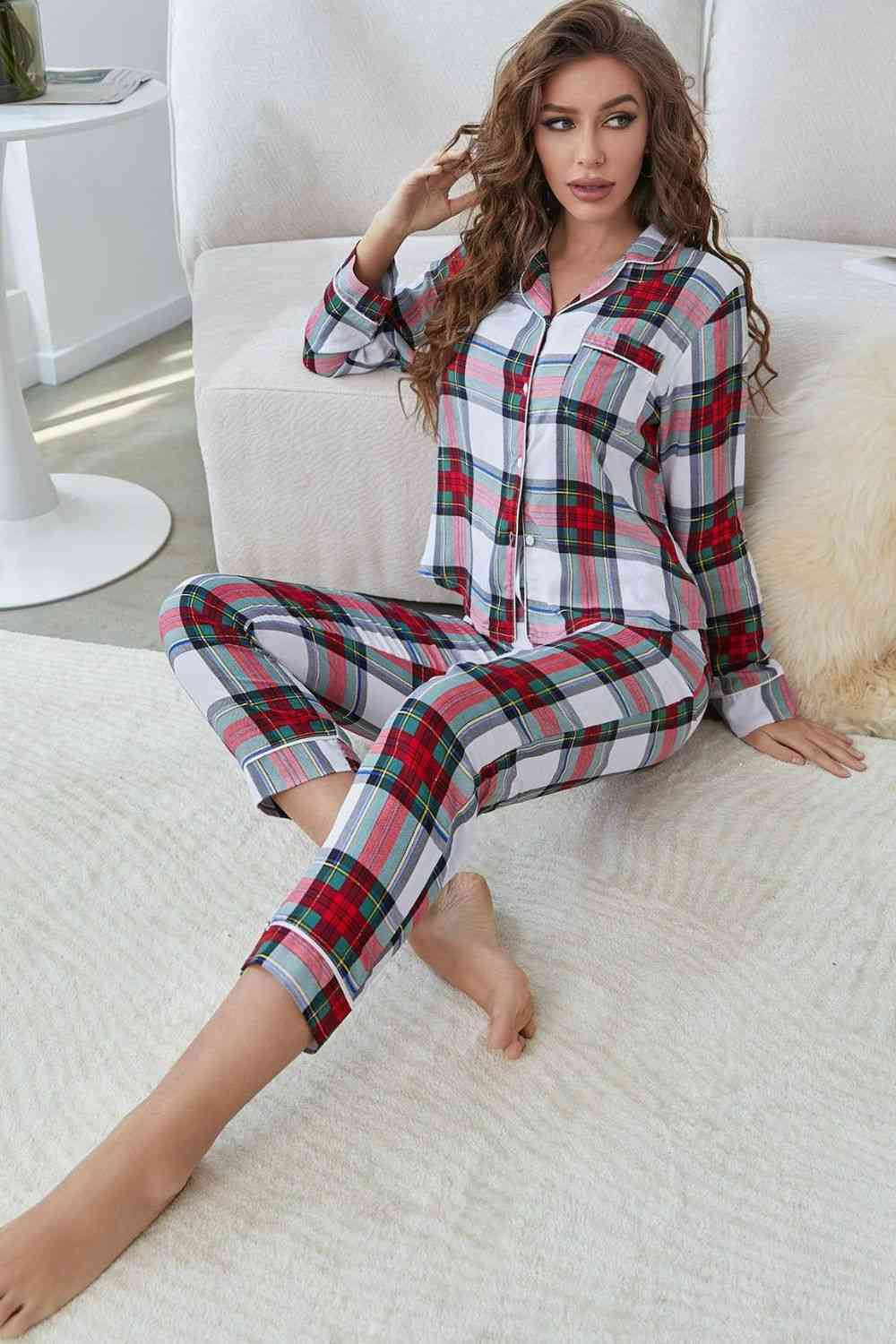 Button-Front Top & Pants Lounge Set - Plaid (7501479575640)