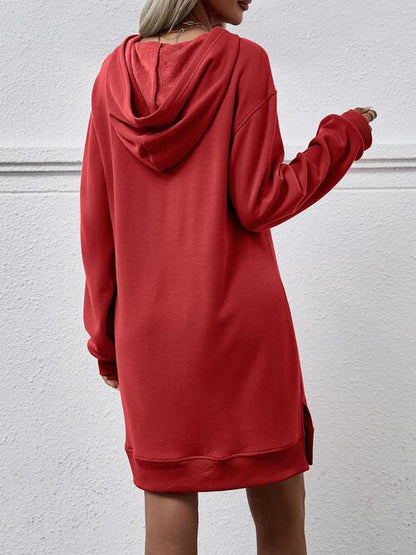 Long Long Sleeves - Slit Hooded Dress With Pocket (7505547559000)